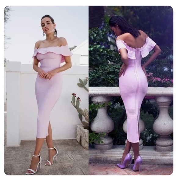 House of CB AMADEA Lilac Fluted Off Shoulder Midi Bandage Dress. - Picture 2 of 4